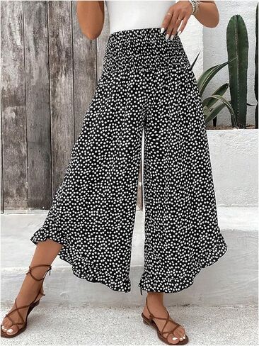 OYOANGLE Women's Polka Dots Flowy Palazzo Pants High Waisted Ruffle Wide Leg Cropped Trousers in Saudi Arabia