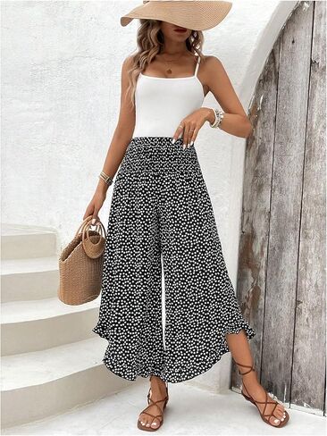 OYOANGLE Women's Polka Dots Flowy Palazzo Pants High Waisted Ruffle Wide Leg Cropped Trousers in Saudi Arabia