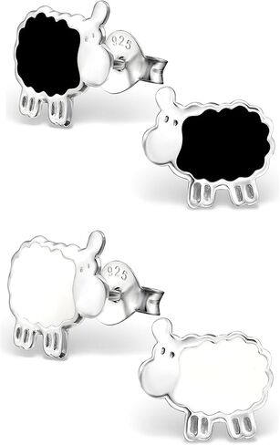 925 Sterling Silver Set of 2 Pairs Black & White Sheep Stud Earrings (Nickel Free) 20787 in Saudi Arabia