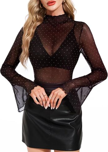 BBX Lephsnt Women Mesh Tops Rhinestone Tops Long Sleeve Sheer Blouse See Through Shirt Sparkle Glitter Shirts Lace Tops in Kuwait