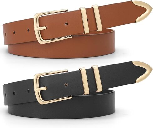 عبوتان من أحزمة جلدية نسائية لفساتين الجينز وملابس كاجوال للعمل وحزام جلد أسود للنساء مع إبزيم ذهبي in Kuwait