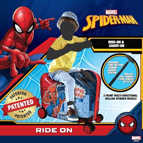 Fast Forward Marvel Spiderman Ride-On Kids Suitcase - 18" Tow-Along Toddler Luggage - Carry-On Cute Bag with Wheels 18"x10"x14.5" in Saudi Arabia