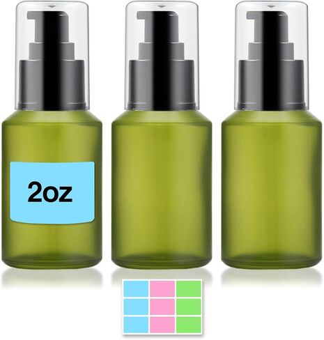 3PCS 60ML/2OZ Empty Green Frosted Glass Bottles with Pump Refillable Vial Cosmetic Dispenser Jars Storage Travel Lotion Container Portable Sample Bottle for Toiletries,Foundation,Cream,Gel,Lotion in Kuwait