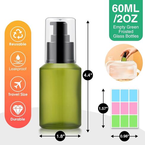 3PCS 60ML/2OZ Empty Green Frosted Glass Bottles with Pump Refillable Vial Cosmetic Dispenser Jars Storage Travel Lotion Container Portable Sample Bottle for Toiletries,Foundation,Cream,Gel,Lotion in Kuwait