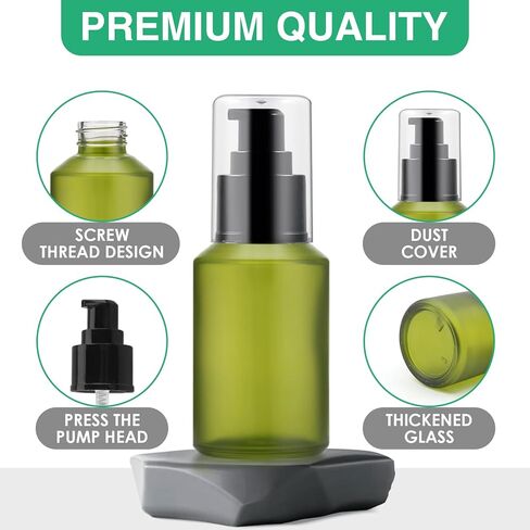 3PCS 60ML/2OZ Empty Green Frosted Glass Bottles with Pump Refillable Vial Cosmetic Dispenser Jars Storage Travel Lotion Container Portable Sample Bottle for Toiletries,Foundation,Cream,Gel,Lotion in Kuwait