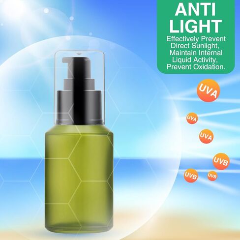 3PCS 60ML/2OZ Empty Green Frosted Glass Bottles with Pump Refillable Vial Cosmetic Dispenser Jars Storage Travel Lotion Container Portable Sample Bottle for Toiletries,Foundation,Cream,Gel,Lotion in Kuwait