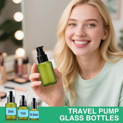 3PCS 60ML/2OZ Empty Green Frosted Glass Bottles with Pump Refillable Vial Cosmetic Dispenser Jars Storage Travel Lotion Container Portable Sample Bottle for Toiletries,Foundation,Cream,Gel,Lotion in Kuwait