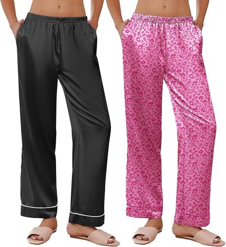 Ekouaer 2 Pack Women Silk Satin Pajamas Pants Wide Leg Comfy Lounge Pants Loose Elastic Waist Pj Bottoms with Pockets Black and Pink Leopard XL in Saudi Arabia