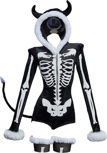 MEOWCOS Gothic Bodysuit Furry Hooded Black White Skull Pattern Halloween Costume Homewear with Tail and Socks in Saudi Arabia
