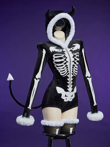 MEOWCOS Gothic Bodysuit Furry Hooded Black White Skull Pattern Halloween Costume Homewear with Tail and Socks in Saudi Arabia