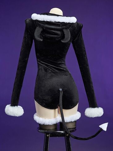 MEOWCOS Gothic Bodysuit Furry Hooded Black White Skull Pattern Halloween Costume Homewear with Tail and Socks in Saudi Arabia