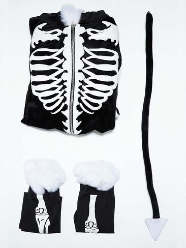 MEOWCOS Gothic Bodysuit Furry Hooded Black White Skull Pattern Halloween Costume Homewear with Tail and Socks in Saudi Arabia