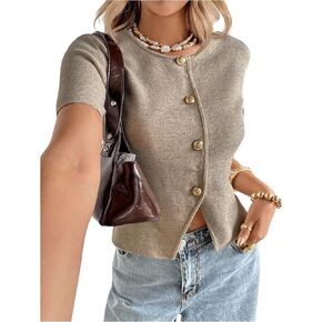 SOLY HUX Women's Button Down Short Sleeve Cardigan Crew Neck Fitted Knit Sweater Tops in Saudi Arabia