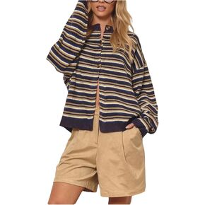 سترة نسائية مخططة من MakeMeChic بأزرار وأكمام طويلة ورقبة دائرية ملابس خارجية Preppy in Saudi Arabia