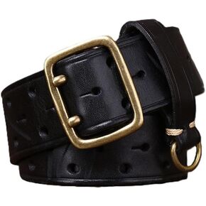 Men's Women's Hollow Leather Double Prong Belt,Grommet Holes Solid Brass Buckle Handmade Vintage Strap for Durable Use in Saudi Arabia