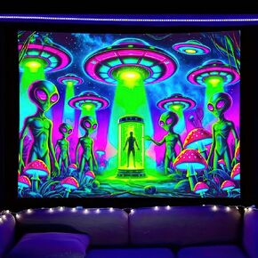 BlissYard Alien Blacklight نسيج الأشعة فوق البنفسجية التفاعلية Trippy Neon UFO جدار ديكور مخدر الغريبة الجدار شنقا لغرفة النوم غرفة النوم ديكور خلفية الحفلة 78 × 59 بوصة in Kuwait