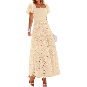 PRETTYGARDEN Summer Dresses for Women 2025 Eyelet Square Neck Puff Sleeve Smocked Wedding Guest Maxi Dress with Pockets in Kuwait
