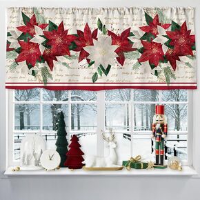JarThenaAMCS 2Pcs Christmas Curtain Valance 54 x 18 Inch Poinsettia Flower Valance Curtain Rod Pocket Red Beige Floral Short Window Treatment for Xmas Home Party Window Decor in Kuwait