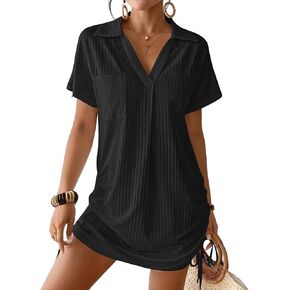 Bsubseach Swimsuit Coverup for Women V Neck Bathing Suit Cover Up Short Sleeve Bikini Dress Shirt with Pockets in Saudi Arabia