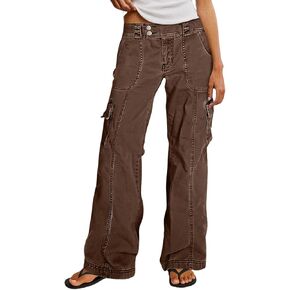 Flamingals Womens Vintage Washed Cargo Pants Mid Waist Wide Straight Leg Flap Pocket Seam Front Streetwear Trousers Pants in Kuwait