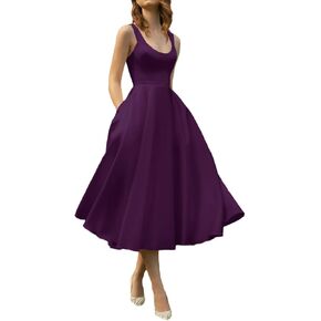 Women's Vintage Satin Cocktail Dresses Tea Length A-Line Prom Dresses Spaghetti Straps Scoop Neck with Pockets 2025 in Saudi Arabia