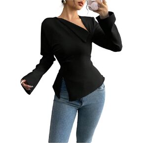 بلوزة Floerns النسائية الأنيقة بأكمام طويلة ورقبة غير متماثلة وأربطة حتى قمصان العمل المكتبية in Saudi Arabia