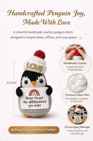 Loving Adorable Crochet Penguin Plush with Hat, Christmas Emotional Ornament, Emotional Support Gifts Crochet, Penguin Gifts for Cuddles and compamionship, Tiny Desk Décor, Hand Made Christmas Idea in Saudi Arabia