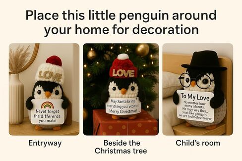Loving Adorable Crochet Penguin Plush with Hat, Christmas Emotional Ornament, Emotional Support Gifts Crochet, Penguin Gifts for Cuddles and compamionship, Tiny Desk Décor, Hand Made Christmas Idea in Saudi Arabia