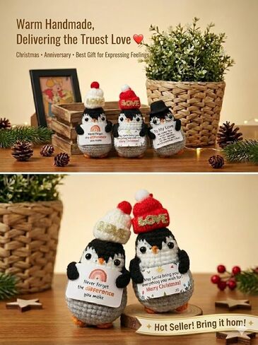 Loving Adorable Crochet Penguin Plush with Hat, Christmas Emotional Ornament, Emotional Support Gifts Crochet, Penguin Gifts for Cuddles and compamionship, Tiny Desk Décor, Hand Made Christmas Idea in Saudi Arabia