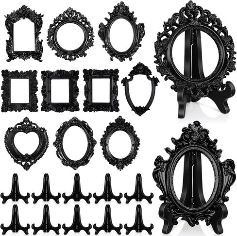 Remerry 10 Pcs Vintage Picture Frame Antique Mini Frame Small Photo Display Miniature Tiny Resin Jewelry Display 4 Inch Black Plastic Stand for Home Wedding(Gold) in Saudi Arabia