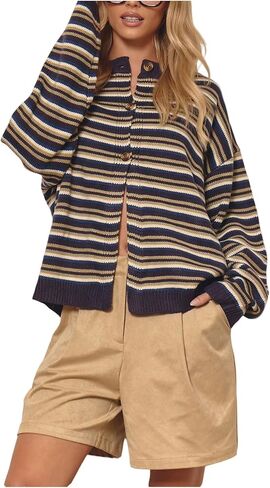 MakeMeChic Women's Striped Cardigan Sweaters Button Up Long Sleeve Crewneck Preppy Outerwear in Saudi Arabia