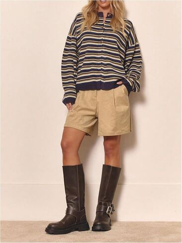 MakeMeChic Women's Striped Cardigan Sweaters Button Up Long Sleeve Crewneck Preppy Outerwear in Saudi Arabia