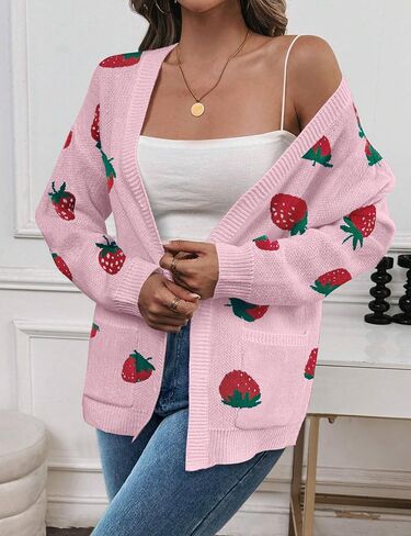 Women's Strawberry Cardigan Sweater Printed Long Sleeve Open Front Knit Cardigans with Pockets in Saudi Arabia