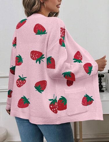 Women's Strawberry Cardigan Sweater Printed Long Sleeve Open Front Knit Cardigans with Pockets in Saudi Arabia