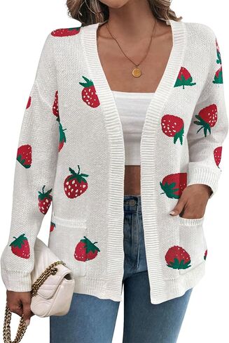 Women's Strawberry Cardigan Sweater Printed Long Sleeve Open Front Knit Cardigans with Pockets in Saudi Arabia