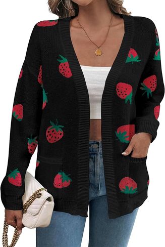 Women's Strawberry Cardigan Sweater Printed Long Sleeve Open Front Knit Cardigans with Pockets in Saudi Arabia