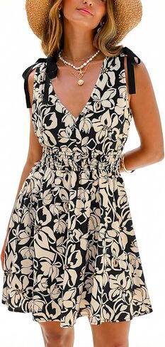 CUPSHE Women's Summer Boho Floral Mini Dress Sleeveless Tie Shoulder Smocked Sundress Beach Flowy Short Dress in Saudi Arabia