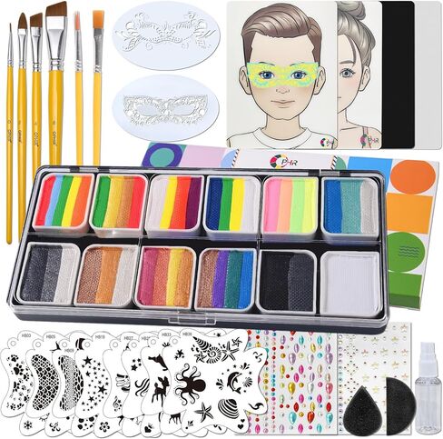 OPHIR Rainbow Face Painting Kit for Kids Party, 5.14 OZ Water Activated Split Cake Face Paint Palette with Face Painting Stencils, Brushes, Practice Boards and Gem Stickers for Halloween, Parties in Kuwait