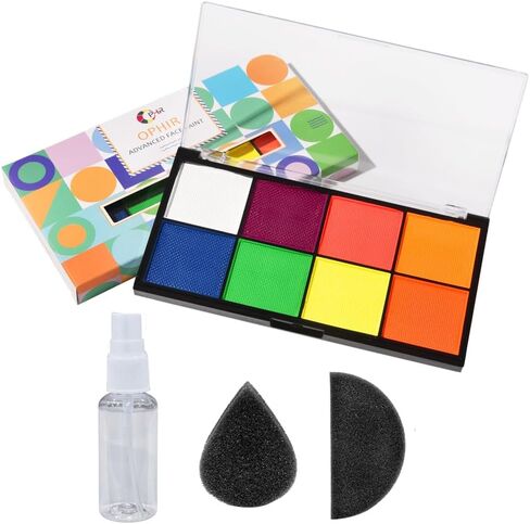 OPHIR Rainbow Face Painting Kit for Kids Party, 5.14 OZ Water Activated Split Cake Face Paint Palette with Face Painting Stencils, Brushes, Practice Boards and Gem Stickers for Halloween, Parties in Kuwait