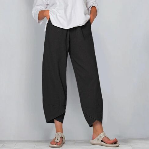 Women's Elegant Straight-Leg Cropped Pants with Elastic Waist & Asymmetrical Slant Pockets for Casual & Formal Wear in Saudi Arabia
