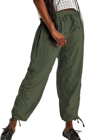 Aimiray برميل Sweatpants المرأة مرونة عالية الخصر واسعة الساق الكتان السراويل عادية فلوي الرباط برميل السراويل مع جيوب in Kuwait