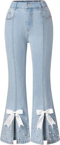 MakeMeChic Girl's Bow Knot Pearl Beaded Denim Pants Split Hem Y2K Flared Leg Jeans in Saudi Arabia