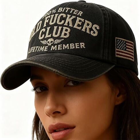 قبعة بيسبول قديمة من Old Fuckers Club، عضو مدى الحياة بنسبة 100%، قبعة مطرزة قابلة للتعديل للرجال والنساء (رمادي، مع علم) in Saudi Arabia