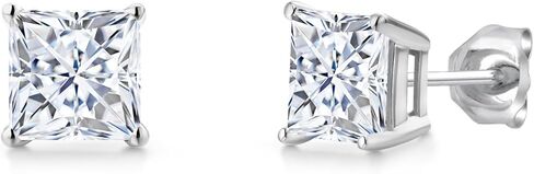 جوهرة ستون كينغ 14K الذهب الأبيض الأميرة 6MM الأحجار الكريمة جوهرة الميلاد أقراط | الشق المزدوج | أقراط ذهبية للنساء والرجال in Kuwait