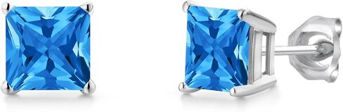 جوهرة ستون كينغ 14K الذهب الأبيض الأميرة 6MM الأحجار الكريمة جوهرة الميلاد أقراط | الشق المزدوج | أقراط ذهبية للنساء والرجال in Kuwait