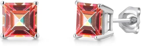جوهرة ستون كينغ 14K الذهب الأبيض الأميرة 6MM الأحجار الكريمة جوهرة الميلاد أقراط | الشق المزدوج | أقراط ذهبية للنساء والرجال in Kuwait
