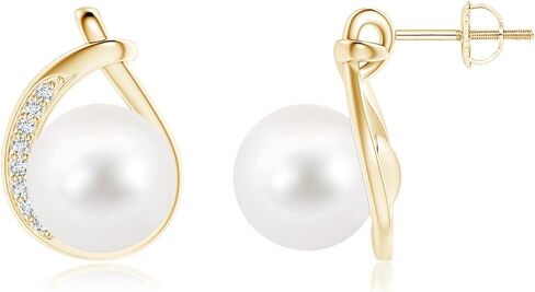 ANGARA Freshwater Pearl Earrings for Women | Round Freshwater Cultured Pearl Diamond Stud Earrings in 14K Solid Gold/Platinum | June Birthday, Anniversary, Gemstone Jewellery Gift in Saudi Arabia