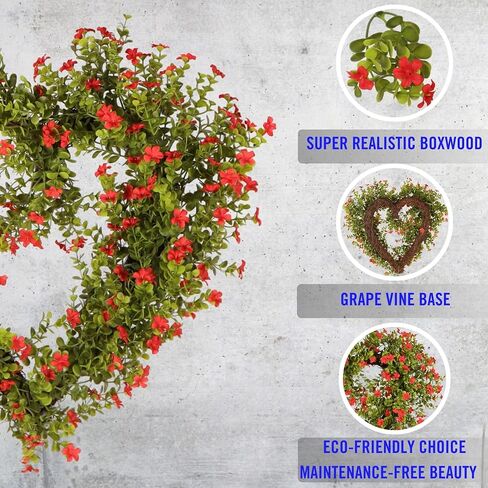 Spring Boxwood Wreath with Red Flowers 22 inch Real Touch Artificial Greenery Wreath for Front Door, Wedding, Anniversary, Farmhouse & Spring Home Décor in Saudi Arabia