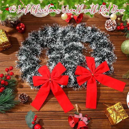 24 Pack 9.5 Inch Christmas Tinsel Wreath with Red Velvet Bow Cabinet Bows Chair Wreaths for Windows Kitchen Home Decoration Holiday Crafting in Saudi Arabia