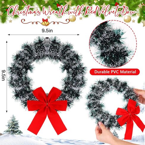 24 Pack 9.5 Inch Christmas Tinsel Wreath with Red Velvet Bow Cabinet Bows Chair Wreaths for Windows Kitchen Home Decoration Holiday Crafting in Saudi Arabia